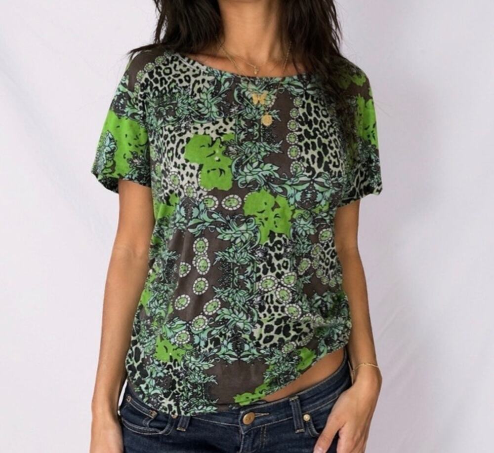 Lisette Green Leopard Baroque Print Ruched Dolman Blouse Size M/L